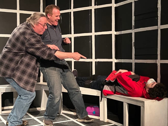 Mark Logue, Jim Gross and Michael Jay rehearse for Curtain Call Theatre's "The Curious Incident of the Dog in the Night-Time."