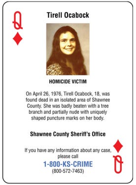 This playing card highlighting 1976 Shawnee County homicide victim Tirell Ocobock is part of a 52-card cold case deck being distributed to Kansas jail and prison inmates by the Kansas Bureau of Investigation and Kansas Department of Corrections, which plan to correct the spelling of her name on the card.