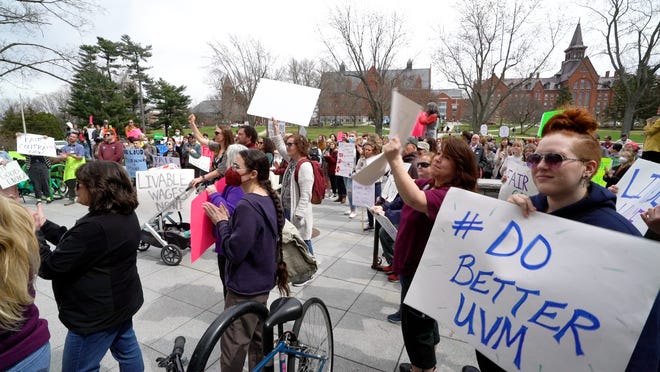 More than 150 University of Vermont staff, faculty, students and supporters gather in support of UVM Staff United in front of the Waterman Building on April 15, 2022.
