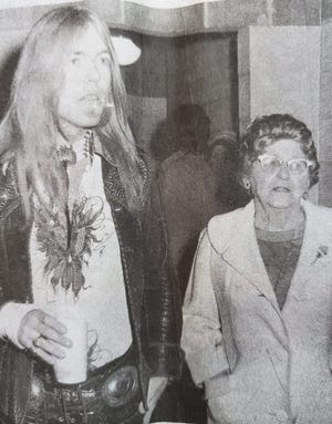 Myrtle Allman, right, of Dickson County, with grandson and rock pioneer Gregg Allman in newspaper clip.