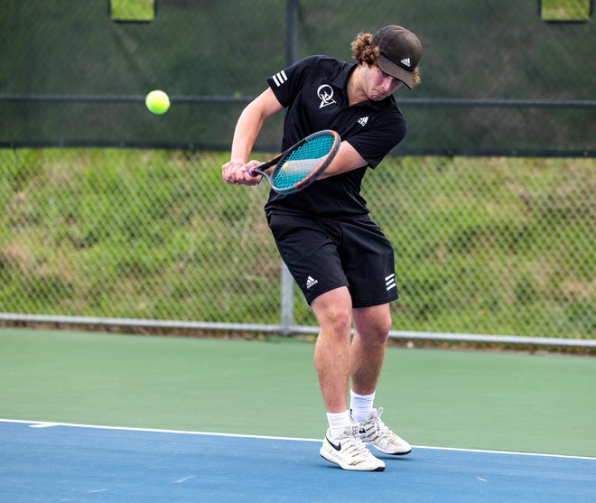 Quaker Valley's Michael Lipton keeps a ball in play during the WPIAL Class 2A boys tennis doubles playoffs on Tuesday, April 26, 2022 at Bethel Park High School.
