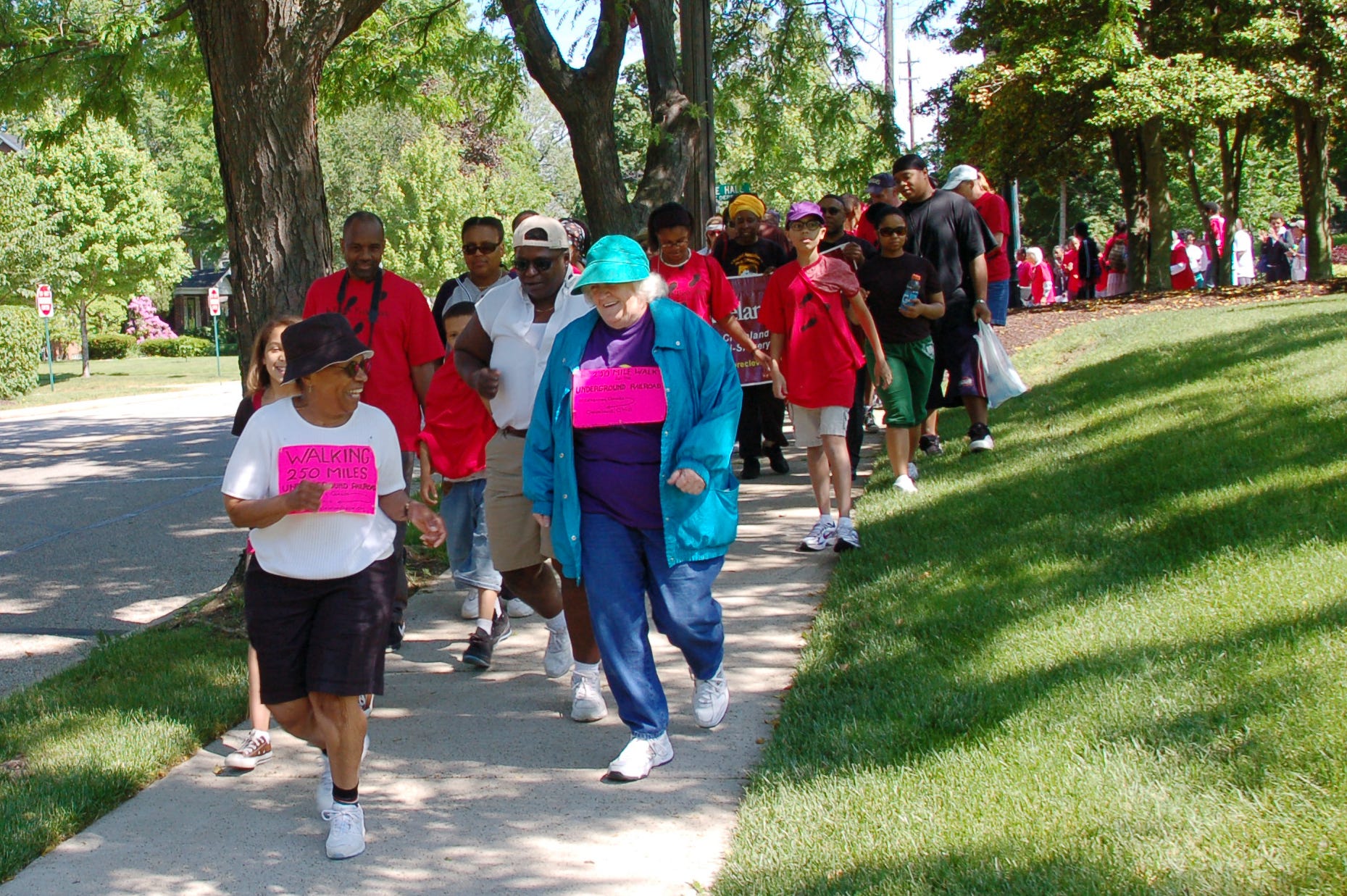 Joan leading a group of folks walking the last 3.5 miles down East 105th Street to the Cozad-Bates House in Cleveland, Ohio, on May 30, 2009.