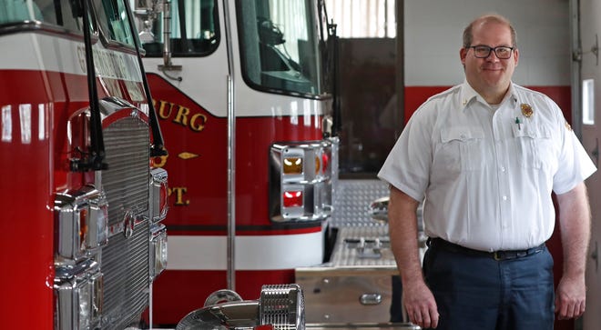 Greensburg Fire Department Chief Nathan Stoermer is very passionate about the need to turn away from fire fighting foam. The chemical PFAS, found in fire fighting foams, is linked to causing cancer. Photographed Thursday, April 28, 2022, at the Greensburg Fire Department in Greensburg, Ind.