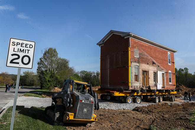 The Smith-Phillips farmhouse was moved a short distance over the Lewis Endres Parkway in New Albany Thursday morning.  April 28, 2022