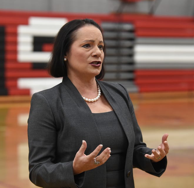 WCSD superintendent finalist Susan Enfield answers questions during a public forum at Wooster High School on April 19, 2022.