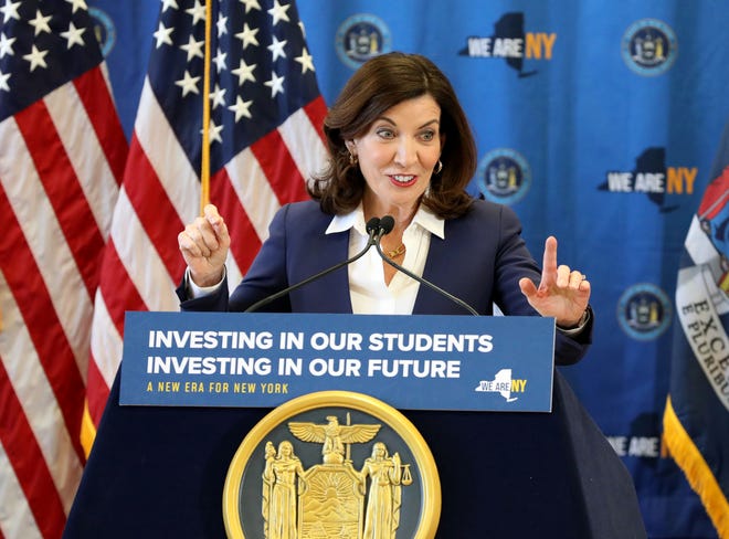 New York Governor Kathy Hochul talks about education-related items in the state budget, during an appearance at the Enrico Fermi School in Yonkers, April 28, 2022.