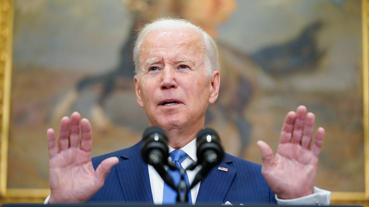 President Joe Biden speaks about the war in Ukraine in the Roosevelt Room at the White House, on April 28, 2022, in Washington.