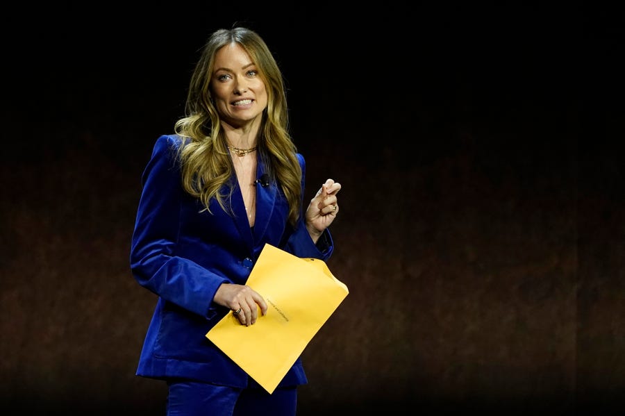 Olivia Wilde, director of the upcoming film "Don't Worry Darling," discusses the film during the Warner Bros. Pictures presentation at CinemaCon 2022 at Caesars Palace, Tuesday, April 26, 2022, in Las Vegas. (AP Photo/Chris Pizzello) ORG XMIT: CACP103
