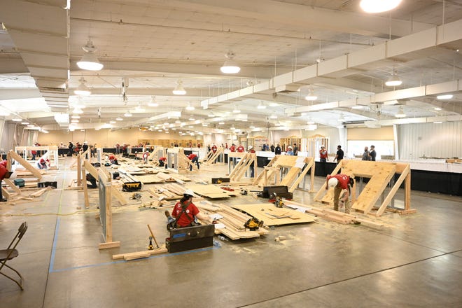 During the construction competition, Kansas SkillsUSA's students compete on Thursday, April 28, at the Kansas State Fairgrounds Meadowlark building.