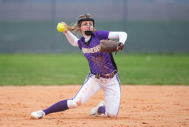 Amanda Williams, shown throwing out a runner on April 22, 2022 at Belvidere, helped Hononegah win the NIC-10 softball title this year. Hononegah also won the NIC-10 all-sports trophy for the 12th year in a row.