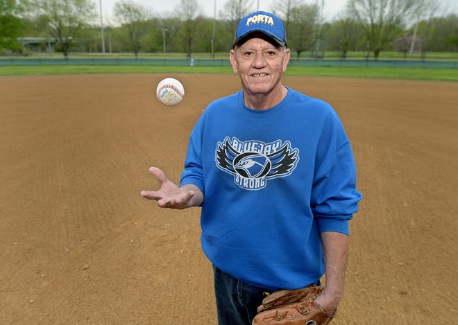 Casey Duncheon stands on the field in Petersburg on Friday, April 29, 2022 where he struck out 31 Chatham Glenwood hitters in a 14-inning win in 1972. [Thomas J. Turney/ The State Journal-Register]