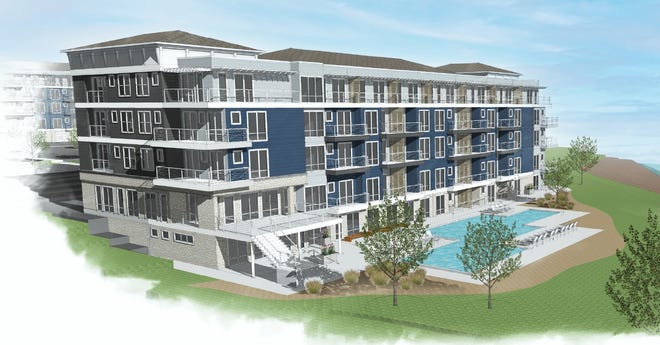Concept designs from Civil Design Consultants and Millstone Ventures show one of three apartment buildings planned for a project at 221 Long Shoals Road, just north of Lake Julian.