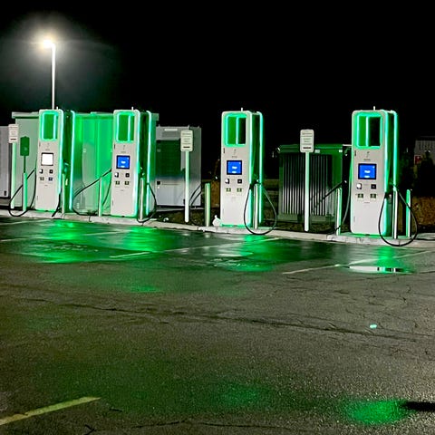 A bank of electric vehicle charging stations at a 