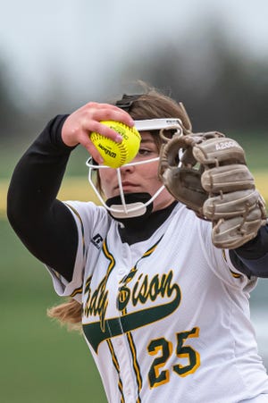 Benton Central senior Megan Asher (25) eyes her target in the North Newton Spartans at Benton Central Bison softball game, Thursday Apr. 28, 2022 in Oxford, IN.