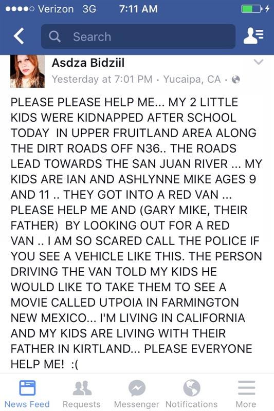 First Facebook post sent out by Pamela Foster in search for Ashlynne Mike