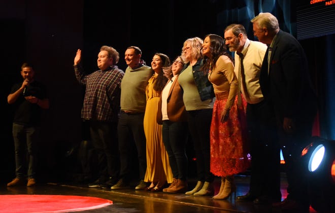 Thadeus Giedd (far left), organizer for TEDx Sioux Falls, stands with TEDx Talk speakers after they've all finished their speeches for the night. From left to right: Giedd, Zach Dresch, Tim Schut, Manaal Ali, Kristina Schaefer, Angela Schoffelman, Serene Thin Elk, Paul Anders and Mike Broderick.