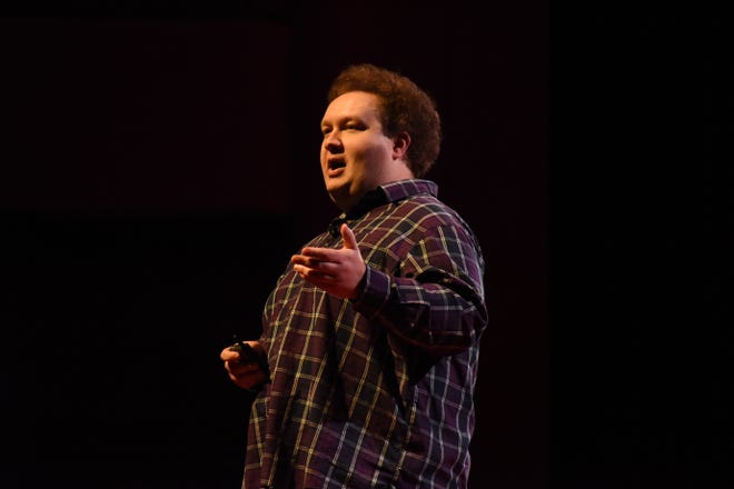 Zach Dresch gives his TEDx Talk, "How to Thrive When You're an Anxious Mess," at the Washington Pavilion on April 28, 2022.