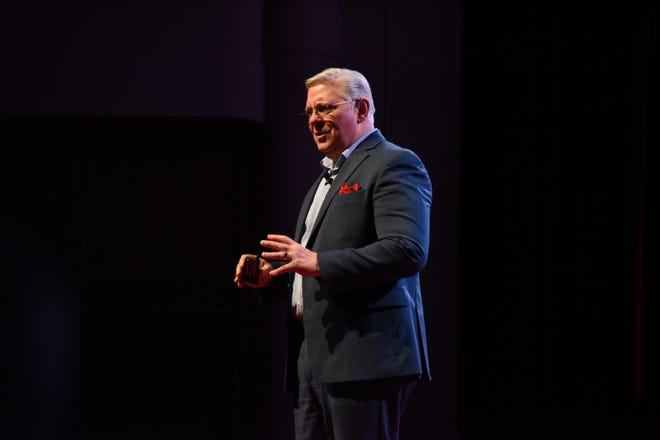 Mike Broderick presents his TEDx Talk, "Right Time, Right Place, Right People, Saving Grace." at the Washington Pavilion on April 28, 2022.