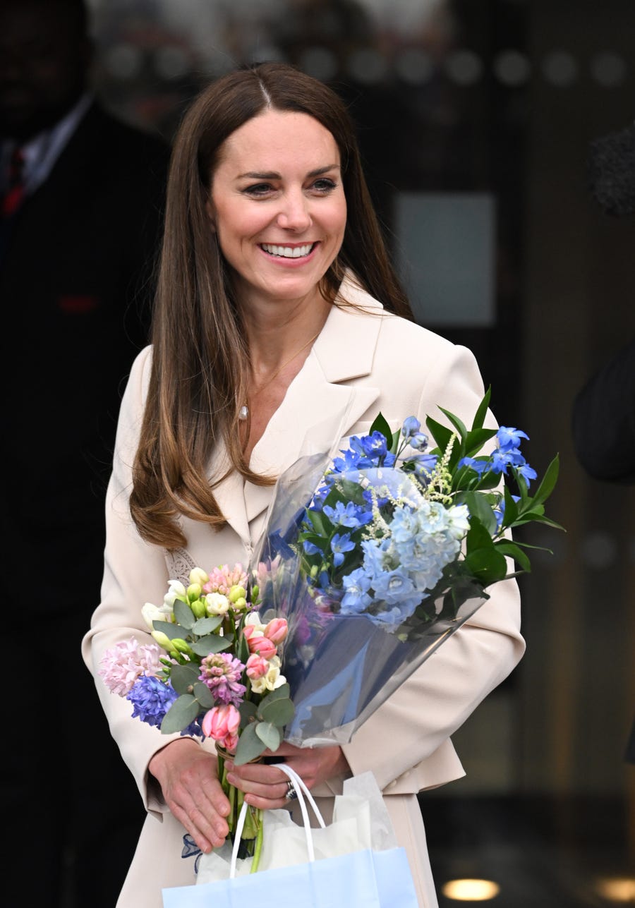 Catherine, Duchess of Cambridge, patron of the Royal College of Obstetricians and Gynaecologists (RCOG) departs after visiting the RCM and RCOG's headquarters in London on April 27, 2022 in London, England.