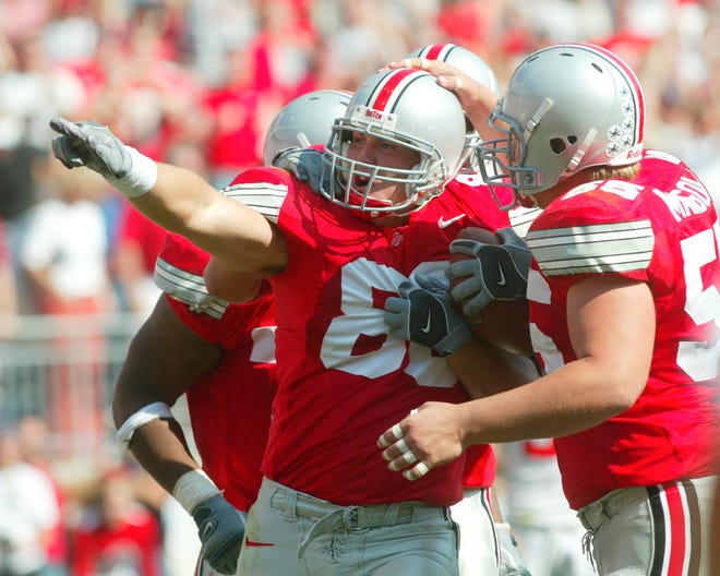 Ohio State tight end Ben Hartsock celebrates an overtime touchdown against NC State in 2003.