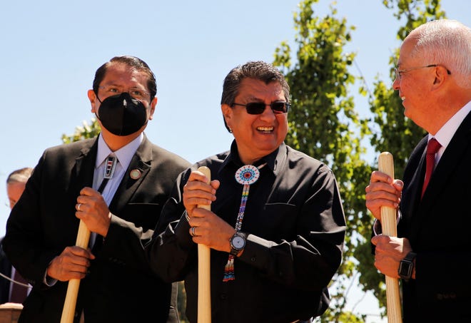 From left to right, Navajo Nation President Jonathan Nez, Ute Mountain Ute Tribe Chairman Manuel Hart and Emeritus General Authority Seventy Elder Larry J. Echo Hawk visit on April 30 during the groundbreaking ceremony on the new temple in Farmington.