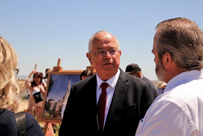 Emeritus General Authority Seventy Elder Larry J. Echo Hawk talks with members of The Church of Jesus Christ of Latter-day Saints on April 30 after the groundbreaking ceremony on the new temple in Farmington.