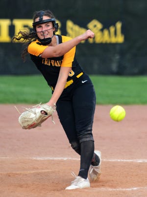 Olivia Rapol fires a pitch during Tri-Valley's 23-1 win in five innings against visiting Crooksville on Friday at Kenny Wolford Park in Dresden. Rapol is one of three pitchers the Scotties have used this season.
