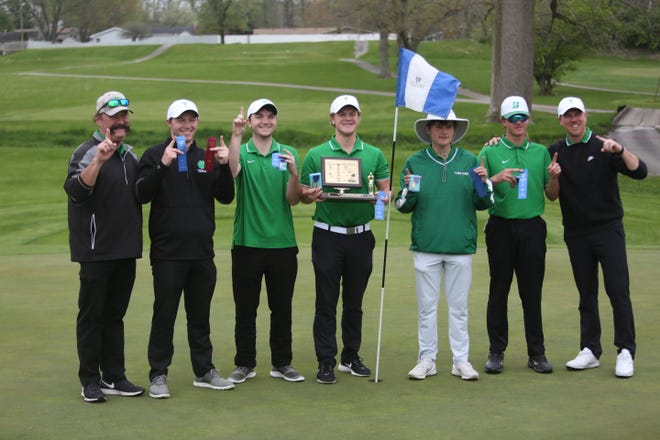 Yorktown boys golf celebrates after winning the 2022 Delaware County tournament Championship at Elks Country Club on Saturday, April 30, 2022.