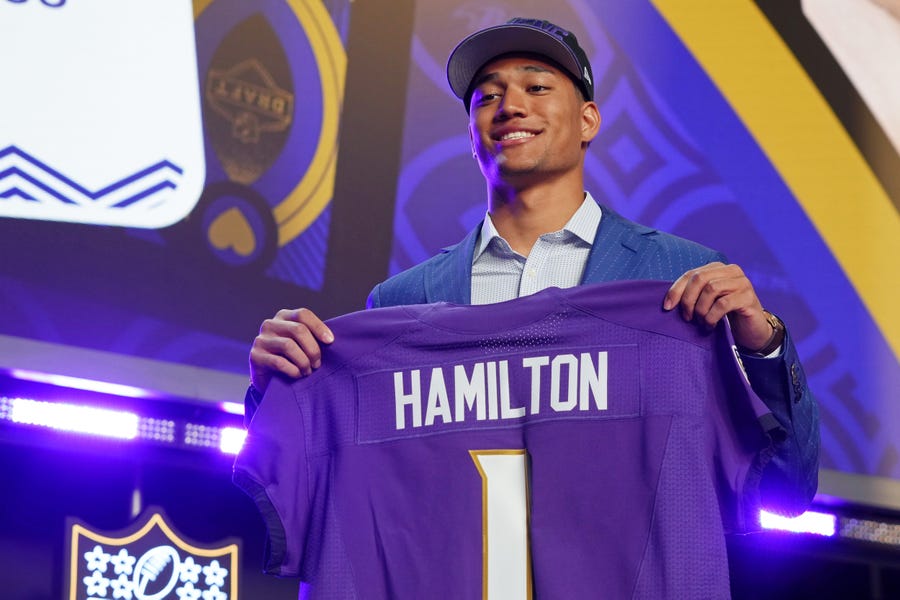 Notre Dame safety Kyle Hamilton after being selected as the fourteenth overall pick to the Baltimore Ravens during the first round of the 2022 NFL Draft at the NFL Draft Theater.