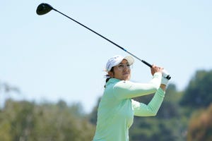 Marina Alex tees off at the fourth tee during the final round of the LPGA's Palos Verdes Championship golf tournament on Sunday, May 1, 2022, in Palos Verdes Estates, Calif.