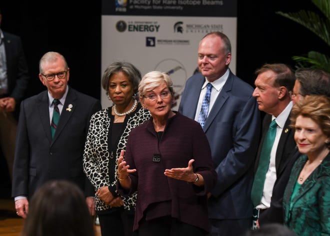 U.S. Secretary of Energy and former Michigan Gov. Jennifer Granholm speaks Monday, May 2, 2022, following a ribbon-cutting ceremony commemorating the completion of the Facility for Rare Isotope Beams at Michigan State University. [AP Photo/Matthew Dae Smith via Lansing State Journal]