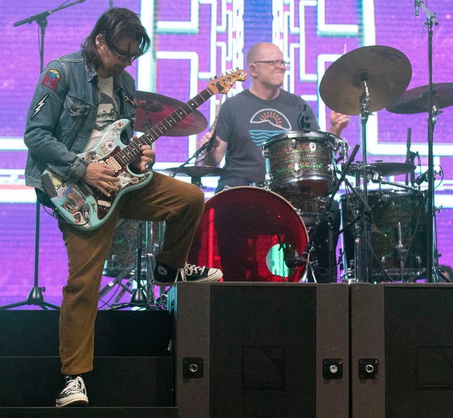 Rivers Cuomo, lead singer for Weezer, and drummer Patrick Wilson performs during Beale Street Music Festival on Sunday, May 1, 2022, at the Fairgrounds in Liberty Park. 
