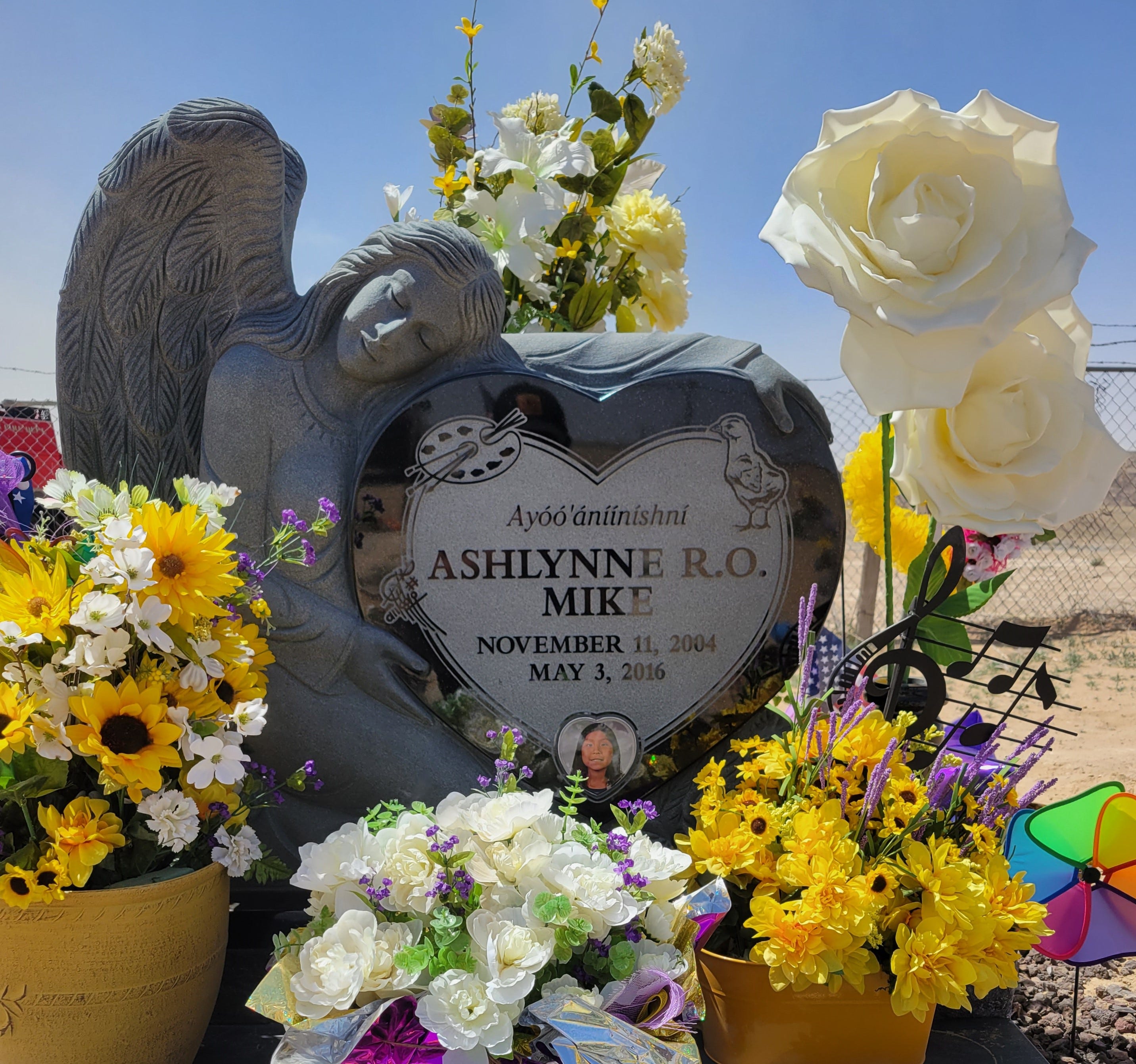 The headstone for Ashlynne Mike is pictured on May 1. A GoFundMe campaign launched by a friend of Pamela Foster, Ashlynne Mike's mother, raised funds for the gravestone, which family and friends placed on at her grave on April 28.