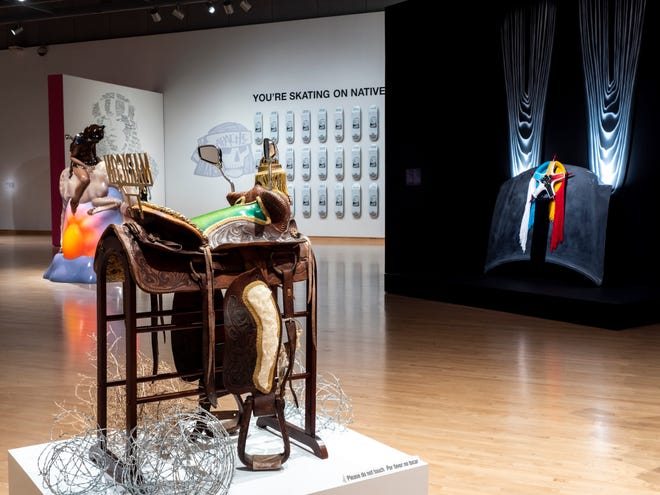 Jose Villalobos, QueeRiders, 2022. Mixed media. Courtesy of the artist. Installation view of Desert Rider, 2022, Phoenix Art Museum.