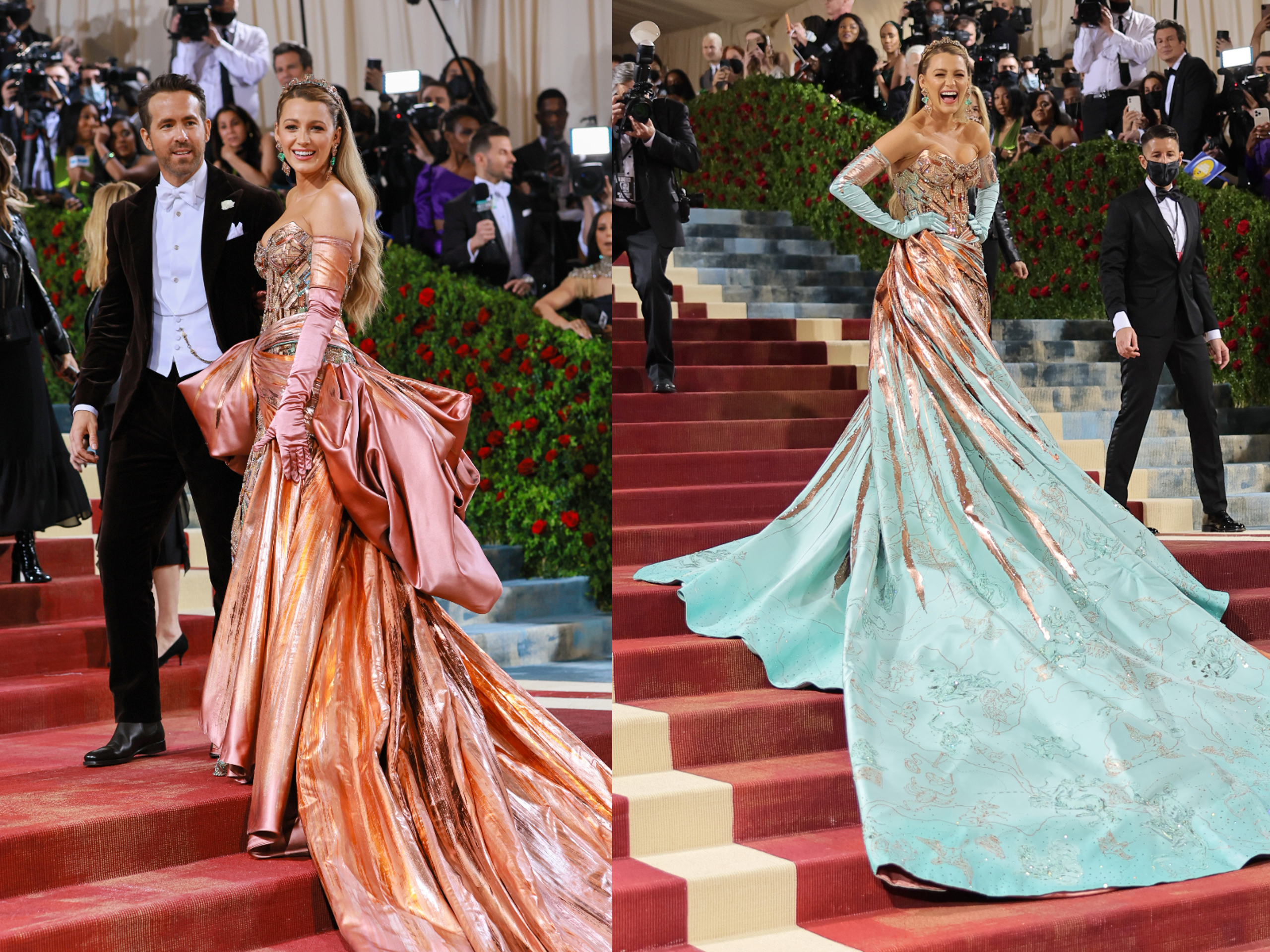 Blake Lively (pictured on the left with husband and fellow Met Gala co-chair Ryan Reynolds) stunned on the red carpet with a quick-change.