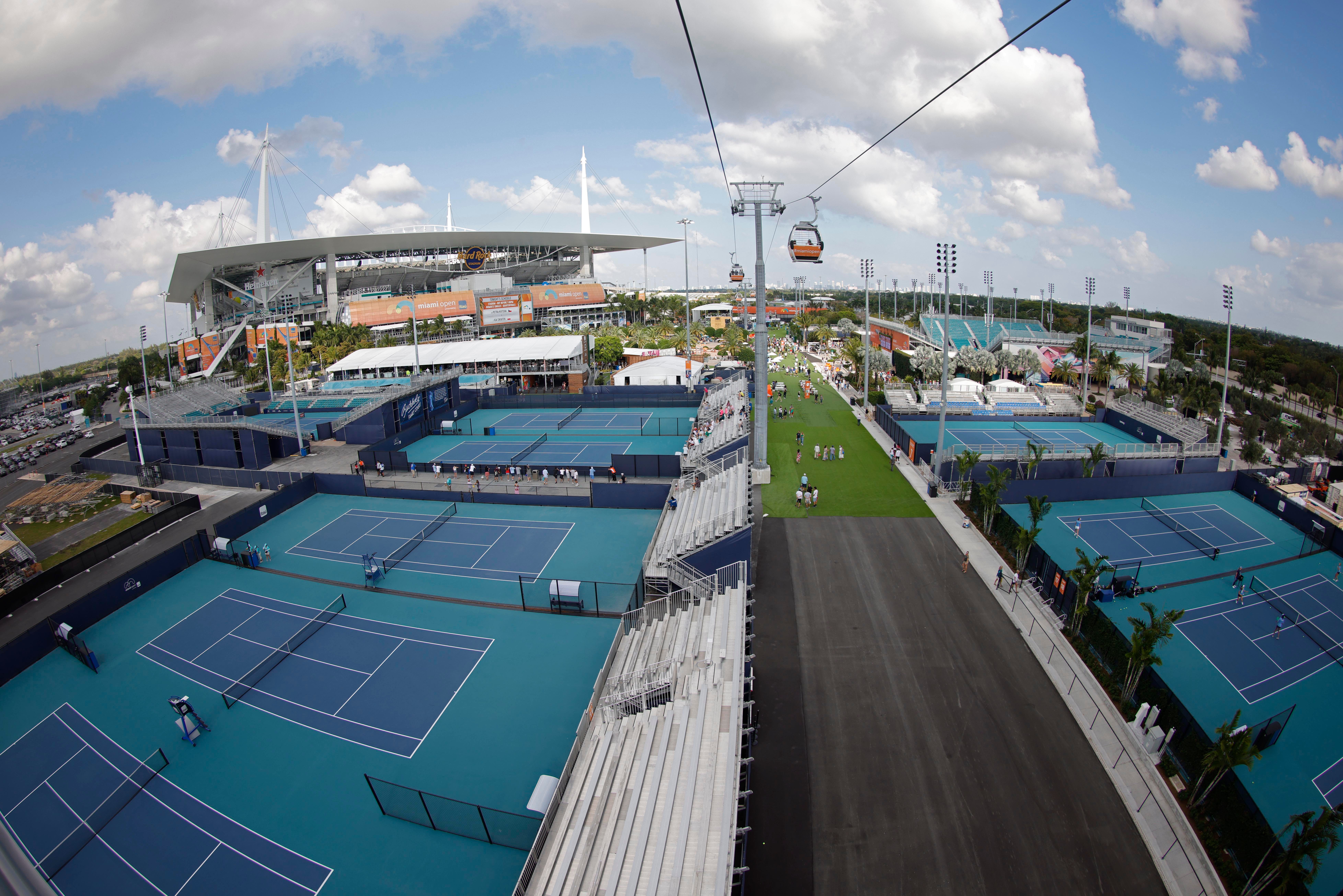 Mar 30, 2022; Miami Gardens, FL, USA; An overall view of the grounds and a portion of the circuit for the upcoming Formula 1 Miami Grand Prix running through the middle of the grounds at the Miami Open at Hard Rock Stadium. Mandatory Credit: Geoff Burke-USA TODAY Sports ORG XMIT: IMAGN-480861 ORIG FILE ID:  20220330_gkb_sb4_050.JPG