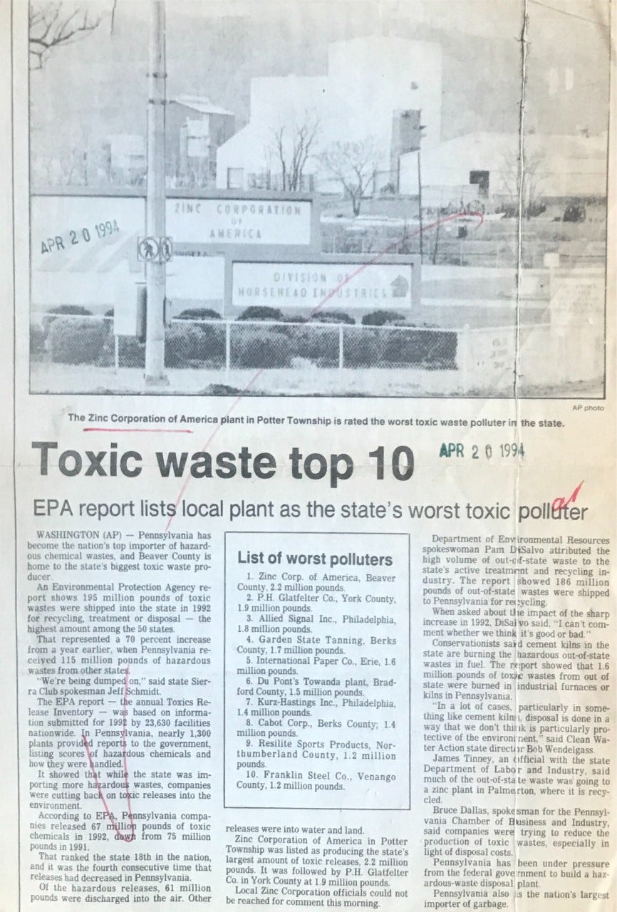 An April 1994 article in the Beaver County Times detailing Pennsylvania's worst toxic polluters.