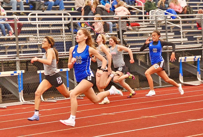 Coldwater's Jatziri Martinez (far left) took first in the 100 meter dash. Also pictured is, third from left is Kendyll Szafranski who finished 6th, and fourth from the left is Gracie Finn who finished tenth.