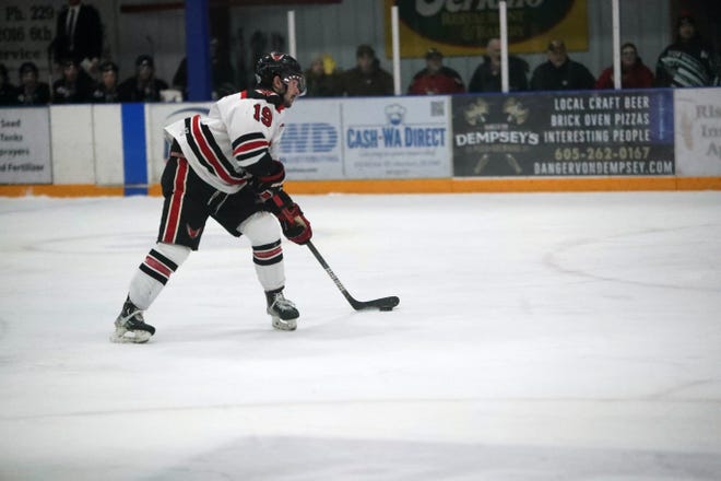 Aberdeen's Jacob Bosse skates with the puck during a regular season contest against the St. Cloud on Jan. 1 at the Odde Ice Center. The two teams  now meet in the Central Division Finals in a best-of-five series.