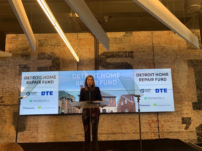 Jennifer Gilbert, co-founder of the Gilbert Family Foundation, speaks during the launch of the $20 million  Detroit Home Repair Fund that aims to help more than 1,000 Detroiters fix up their homes, through a network of nonprofits. The program is funded by the Gilbert Family Foundation, DTE Energy and ProMedica.