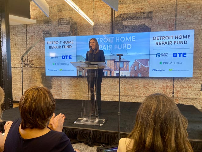 Jennifer Gilbert, co-founder of the Gilbert Family Foundation, shown on Tuesday, May 3, 2022, in Detroit said the foundation is committing $10 million to start an initiative to repair the homes of low-income Detroiters because they've heard the calls from homeworkers in need of assistance.