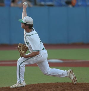 Wall High School's Matt Steen fires a pitch during the District 6-3A championship against Jim Ned at Angelo State's Foster Field at 1st Community Credit Union Stadium on Monday, May 2, 2022.