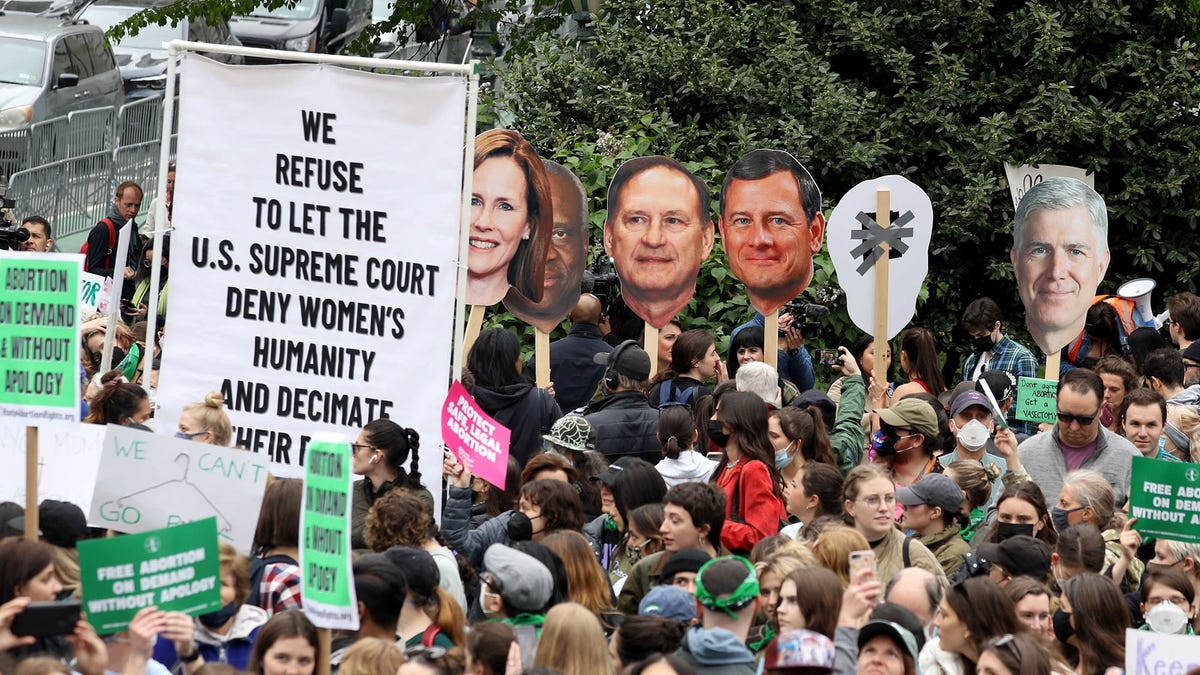 Thousands gather for a rally in Foley Square in Lower Manhattan on May 3 after a leaked draft document indicated that the Supreme Court could overturn Roe v. Wade.