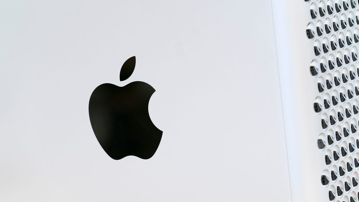 The Apple logo displayed on a Mac Pro desktop computer in New York in this May 21, 2021 file photo.