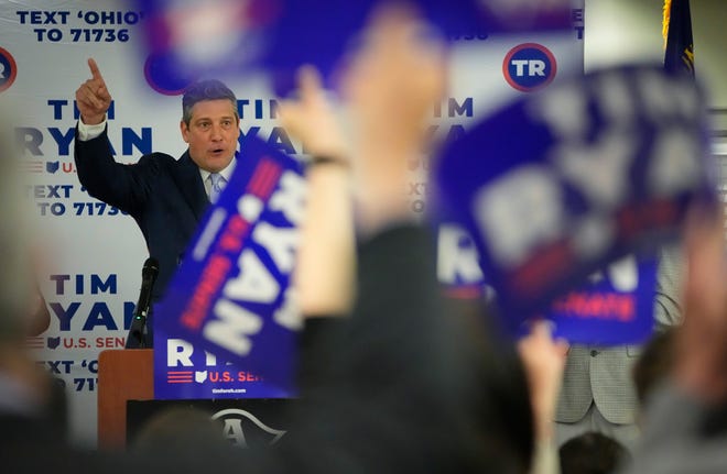 May 3, 2022; Columbus, Ohio, USA; U.S. Rep. Tim Ryan, a Democrat running for an Ohio U.S. Senate seat, speaks at the Firefighters Local 67 in Columbus after the polls closed on primary election day. Mandatory Credit: Adam Cairns-The Columbus Dispatch