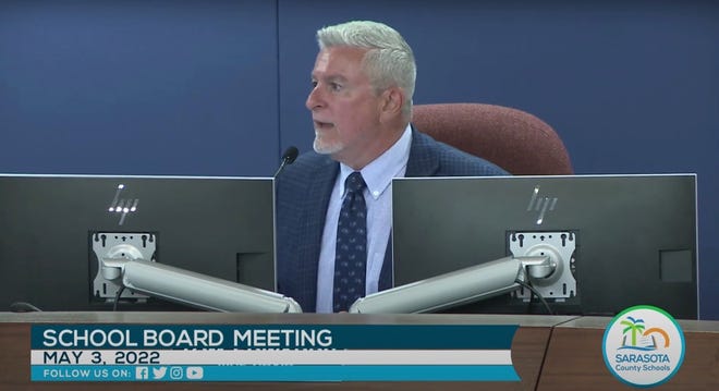 Sarasota County School Board Vice-Chair Tom Edwards addresses attendees at a meeting on May 3, 2022, where he adjourned early because of people speaking out of turn.