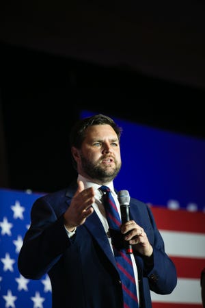 JD Vance celebrates his Republican primary win for Ohio's U.S. Senate seat in front of a room full of supporters at the Duke Energy Center on Tuesday, May 3, 2022. 