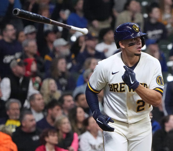 Milwaukee Brewers shortstop Willy Adames (27) hits a three-run homer during the third  inning of their game against the Cincinnati Reds Tuesday, May 3, 2022 at American Family Field in Milwaukee, Wis.