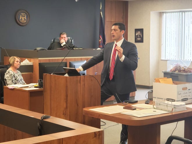 St. Clair County Senior Assistant Prosecutor Joshua Sparling delivers closing arguments during the jury trial for Dustin Tucker on Wednesday, May 4, 2022.
