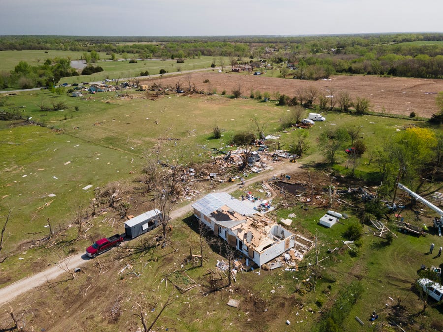 A destroyed house and other structures are seen in rural Sedgwick County, Kan., on Sunday, May 1, 2022, two days after a tornado was reported in the area.